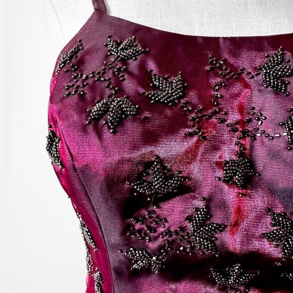 Vintage Burgundy Red Satin Beaded Fit Flared Maxi Prom Dress Size S - Picture 7 of 8